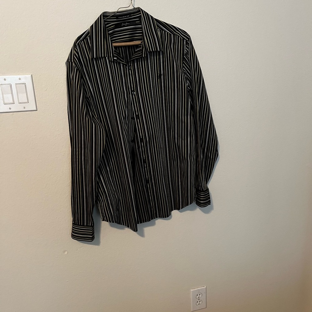 Black yellow & white strip tailored fit collar long sleeve dress shirt